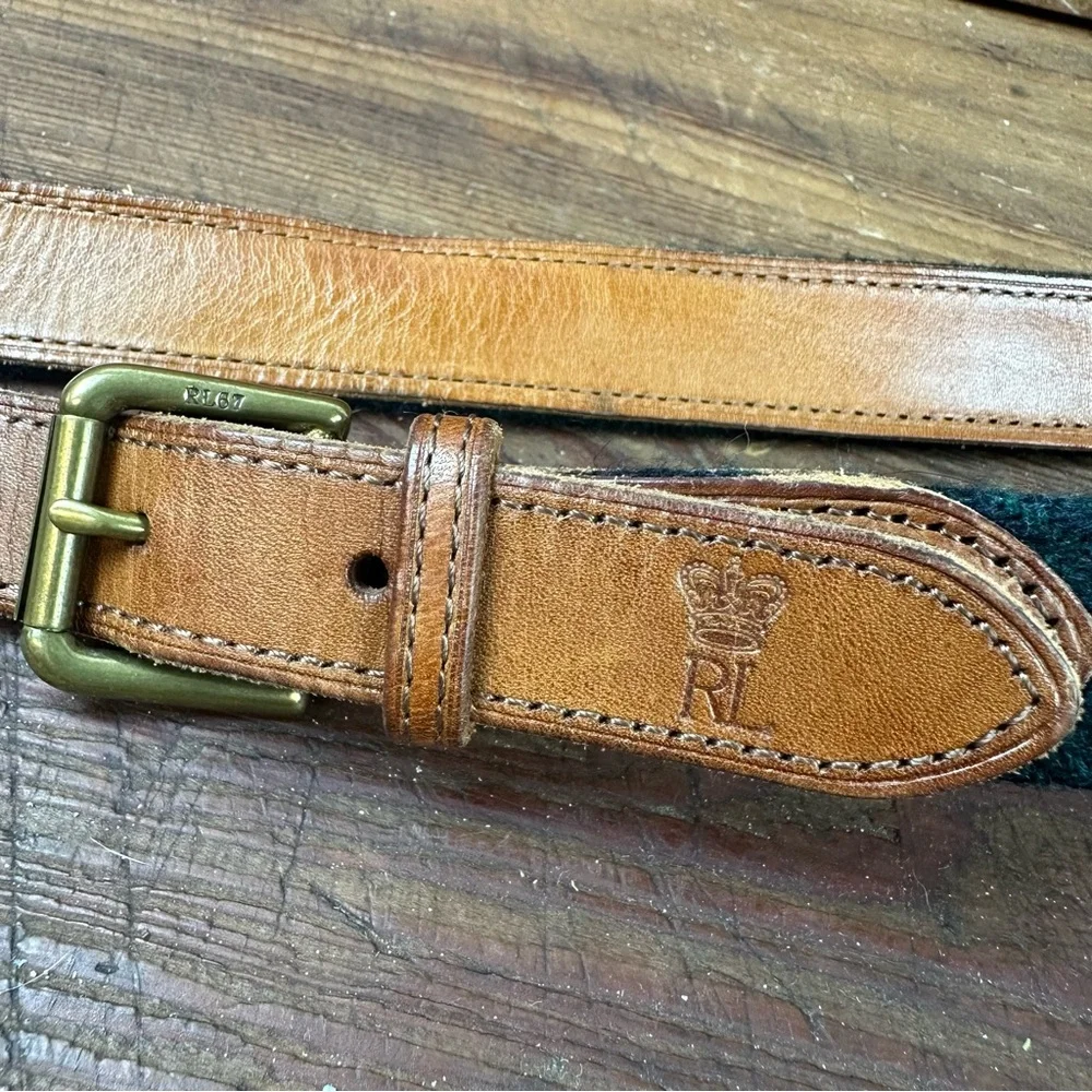 Polo Ralph Lauren PRL Plaid Wool Leather Belt Size 38 Blackwatch